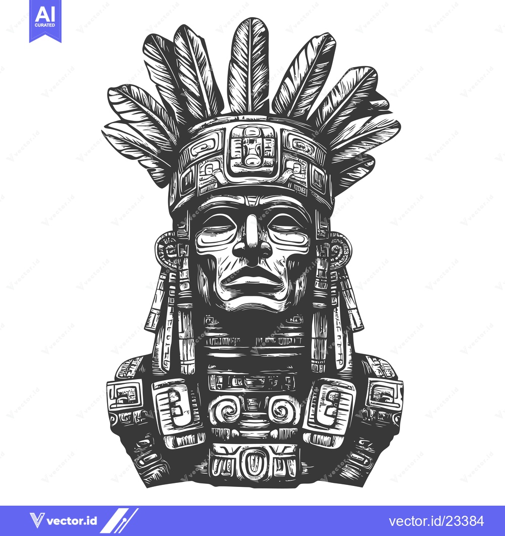 Premium Vector of Black and White Engraving of a Mayan Head with Feathers