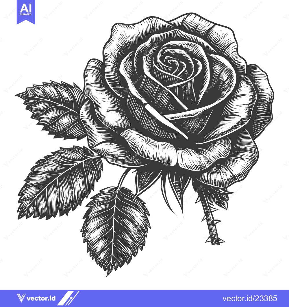Premium Vector of Black and White Engraving of a Rose with Thorns and Leaves