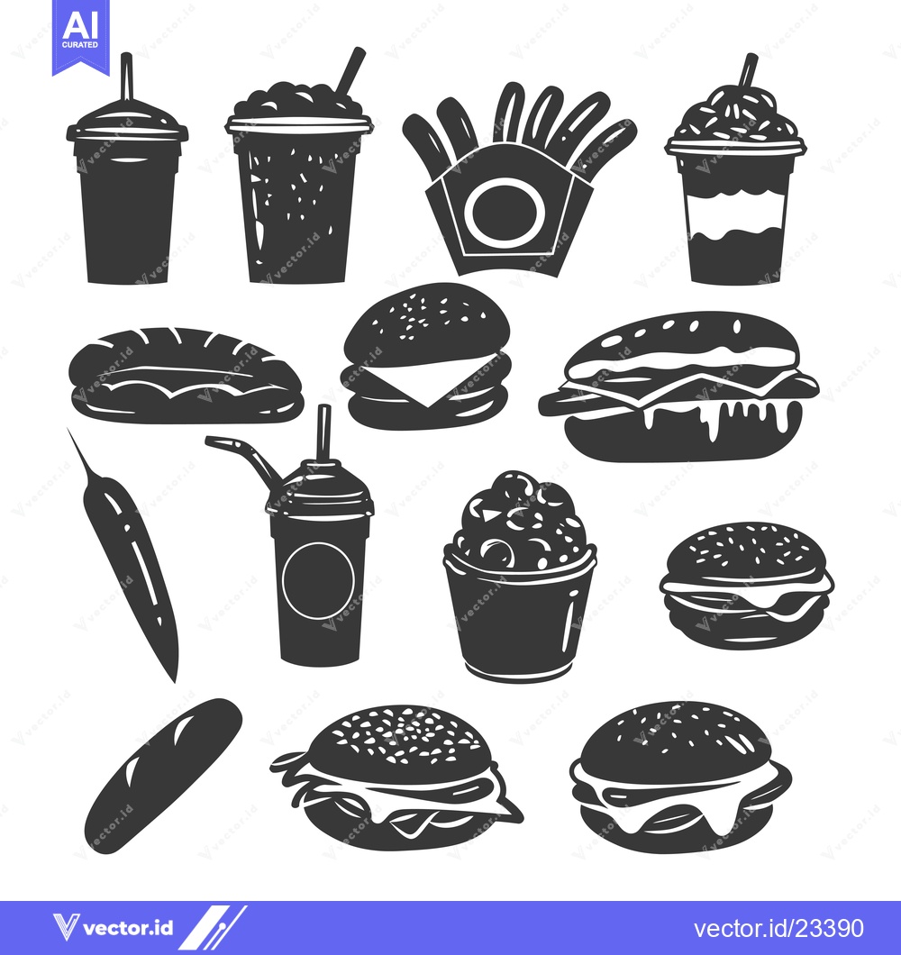 Premium Vector of Black and White Fast Food Icons Set