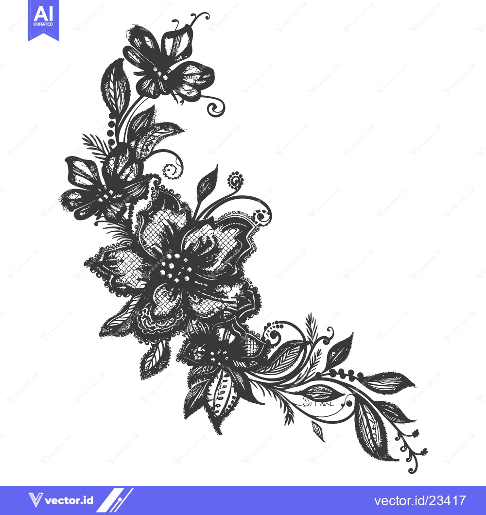 Premium Vector of Black and White Floral Illustration with Butterflies