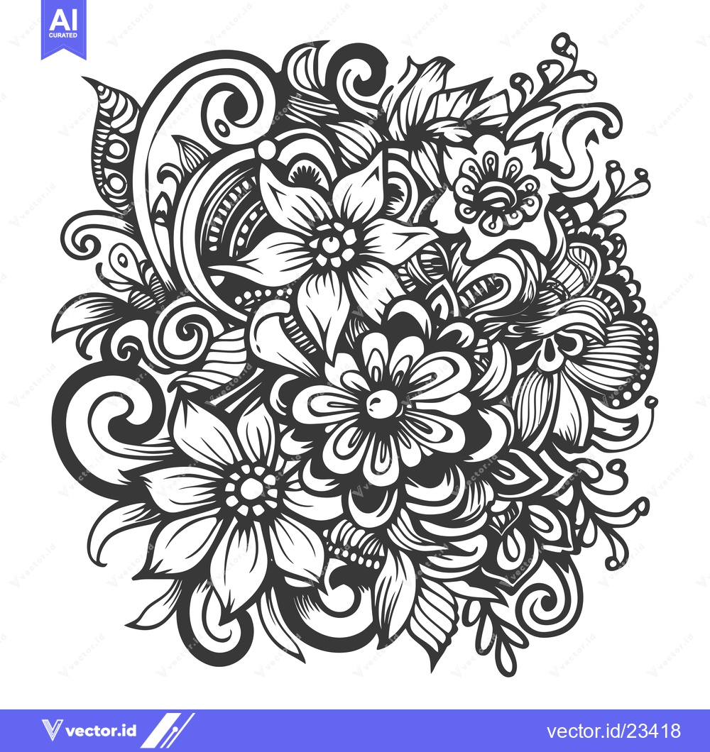Premium Vector dari Black and White Floral Illustration with Swirling Vines and Intricate