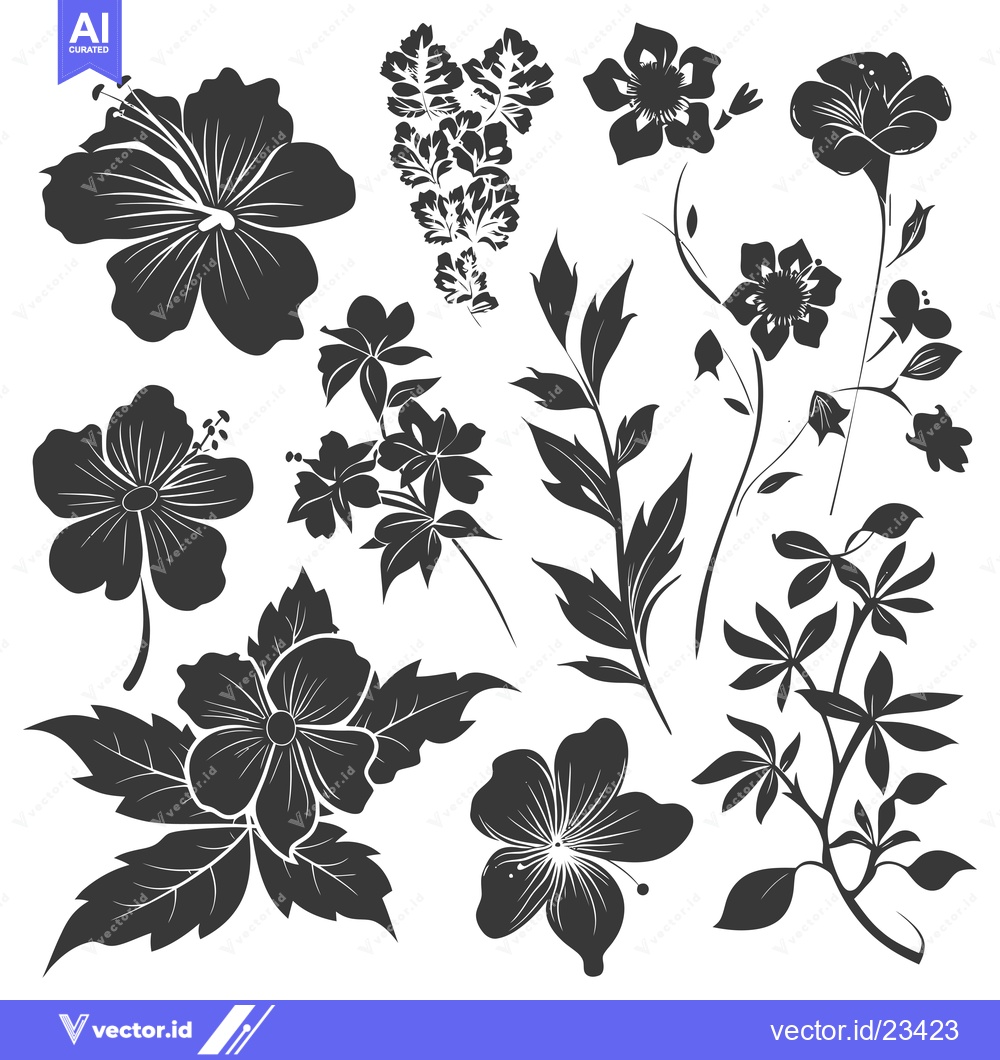 Premium Vector of Black and White Floral Silhouettes with Various Flowers and Leaves