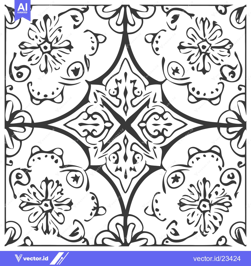 Premium Vector dari Black and White Floral Tile Pattern with Symmetrical Design