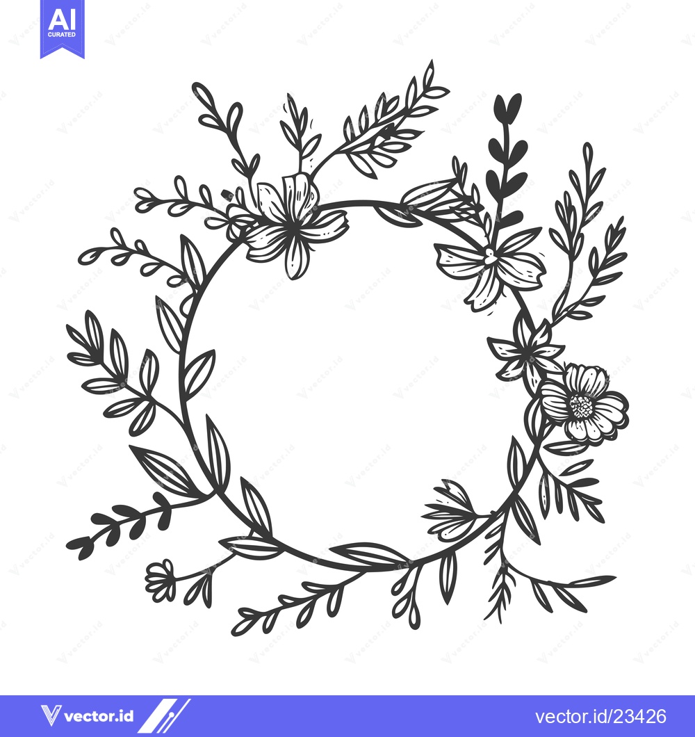 Premium Vector of Black and White Floral Wreath with Delicate Flowers and Leaves