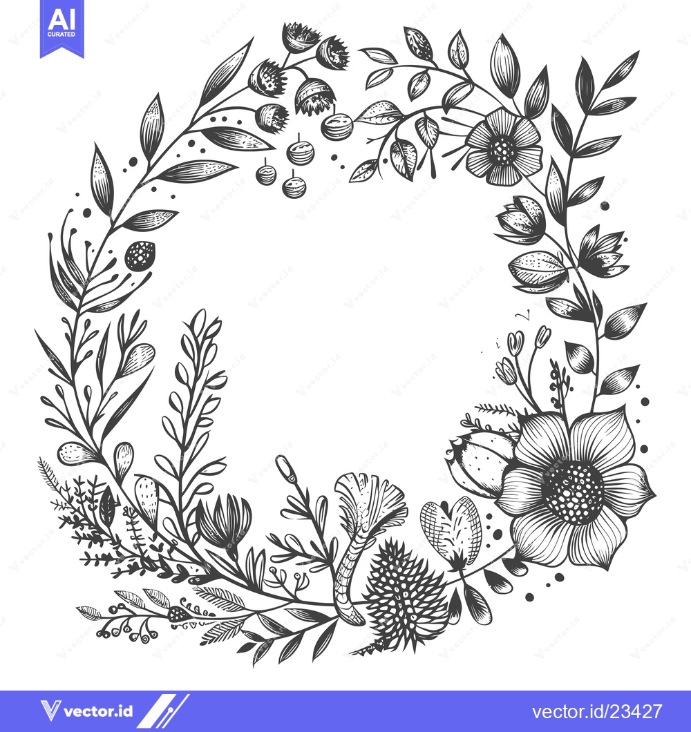 Premium Vector of Black and White Floral Wreath with Intricate Details