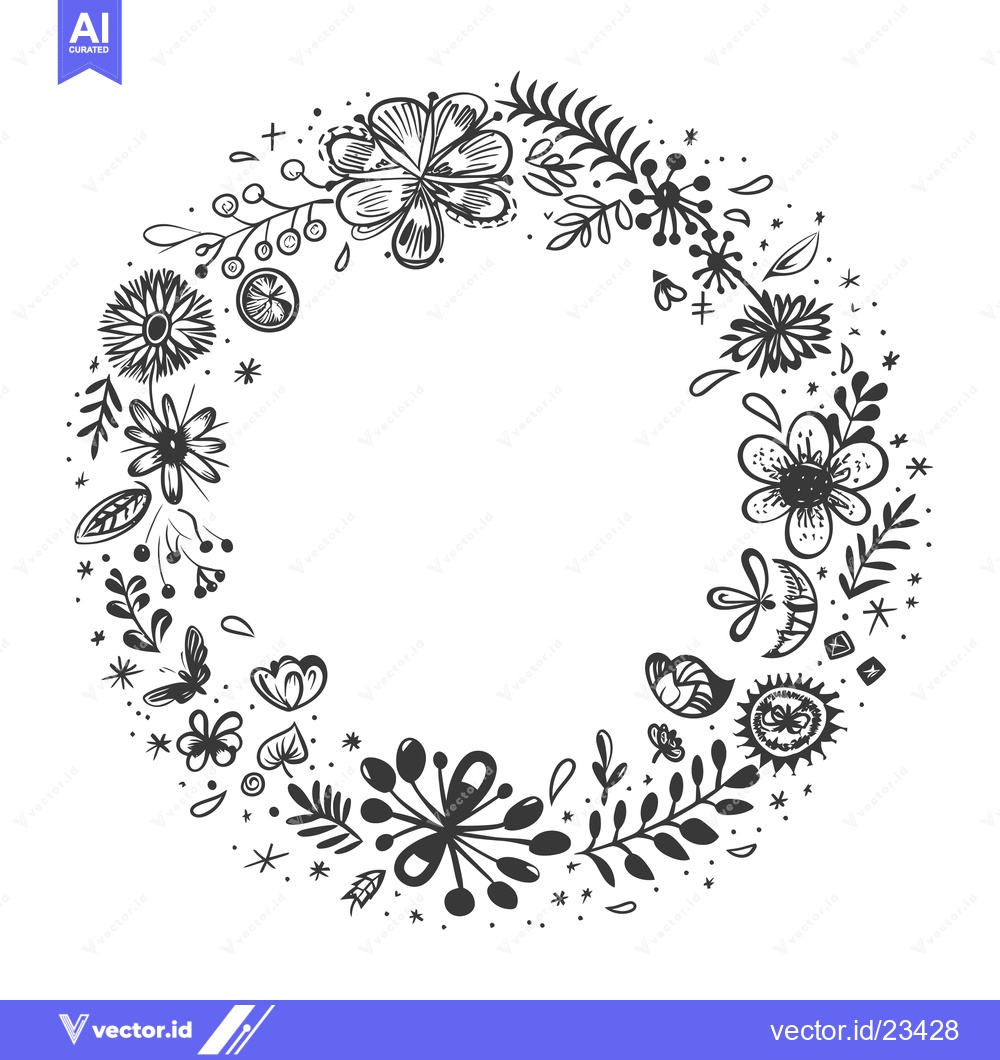 Premium Vector dari Black and White Floral Wreath with Small Details