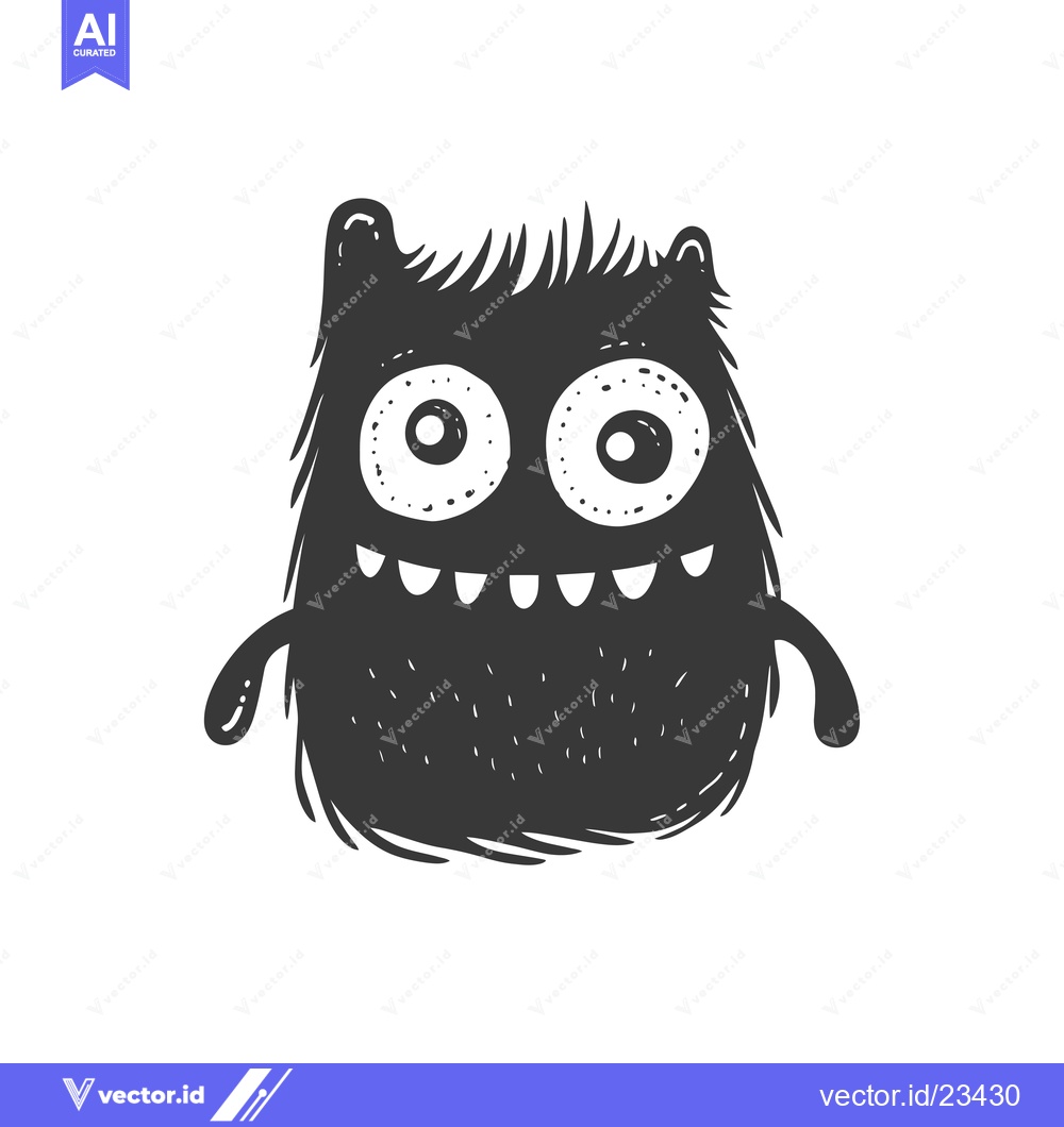 Premium Vector dari Black and White Furry Cartoon Monster with Big Eyes and Teeth
