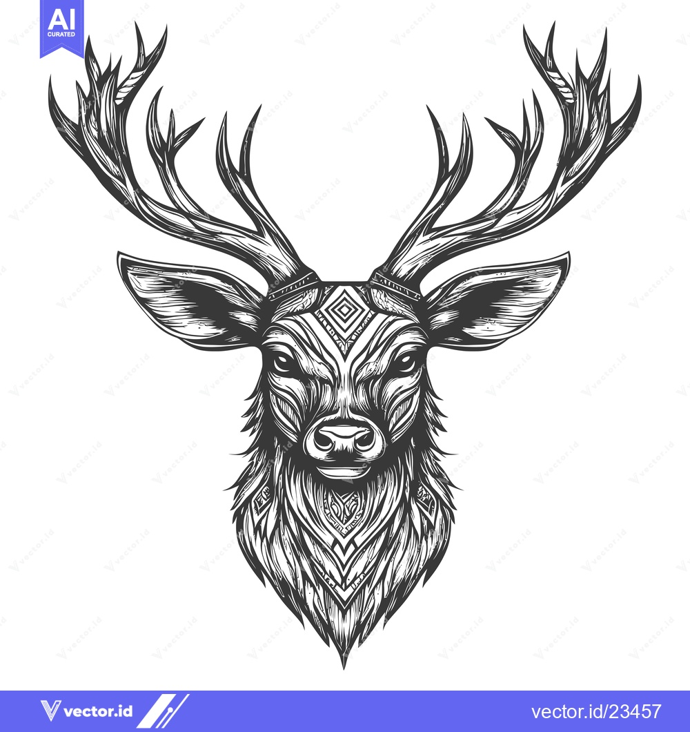 Premium Vector dari Black and White Graphic Illustration of a Deer Head with Geometric Pat