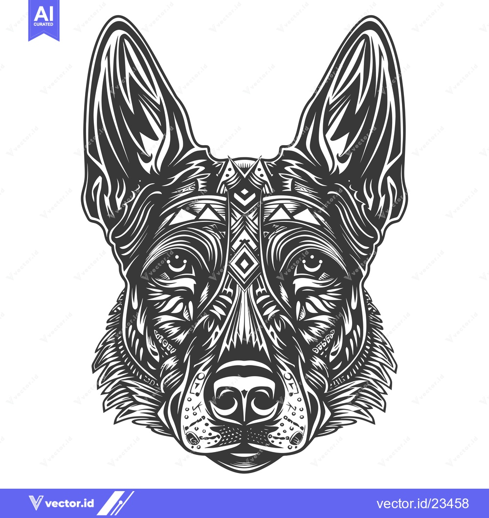 Premium Vector dari Black and white graphic illustration of a German Shepherd dog's head