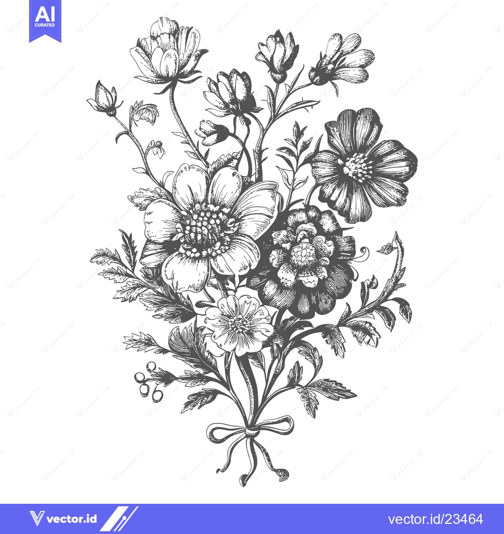 Premium Vector of Black and White Hand-Drawn Bouquet of Flowers with a Bow
