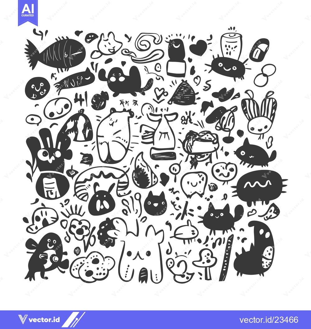 Premium Vector of Black and White Hand-Drawn Doodle Characters and Objects