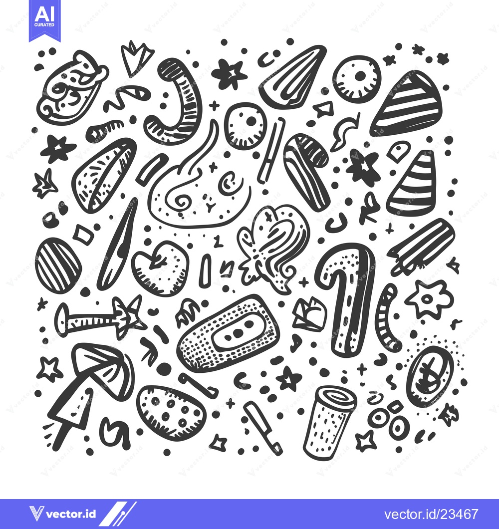 Premium Vector dari Black and White Hand-Drawn Doodle Pattern with Stars, Shapes, and Obje