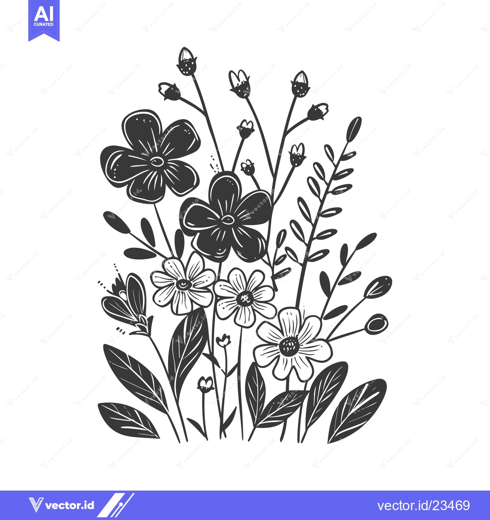 Premium Vector dari Black and White Hand-Drawn Floral Bouquet with Buds and Leaves