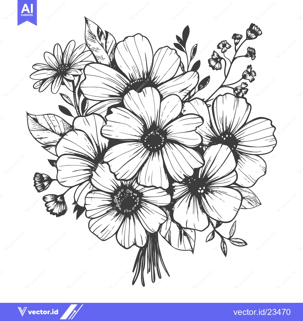 Premium Vector of Black and White Hand-Drawn Floral Bouquet with Detailed Petals and Lea