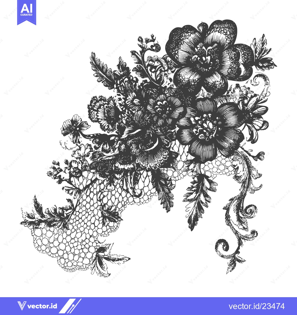 Premium Vector of Black and White Hand-Drawn Floral Illustration with Lace