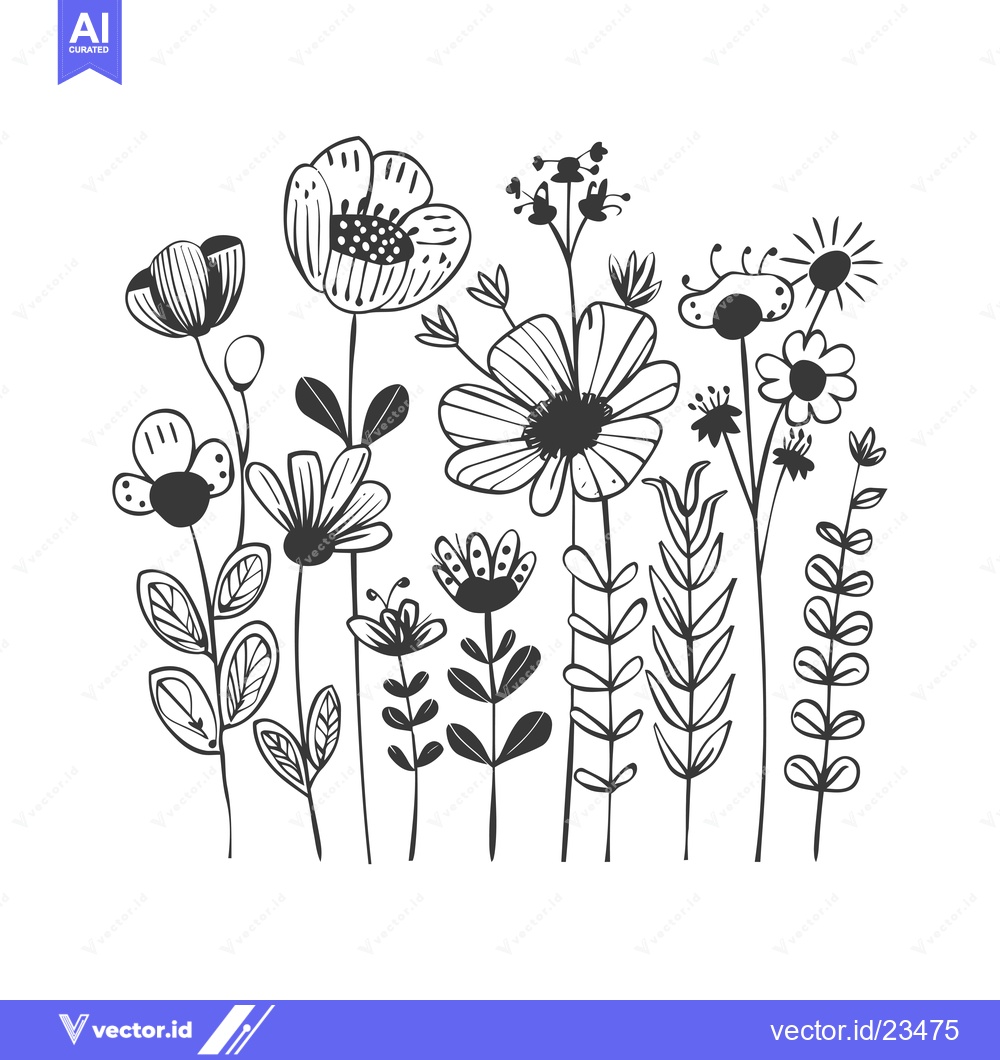 Premium Vector of Black and White Hand Drawn Floral Illustration with Various Flower Sha