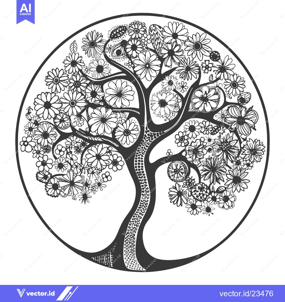Premium Vector dari Black and White Hand Drawn Floral Tree Inside a Circle