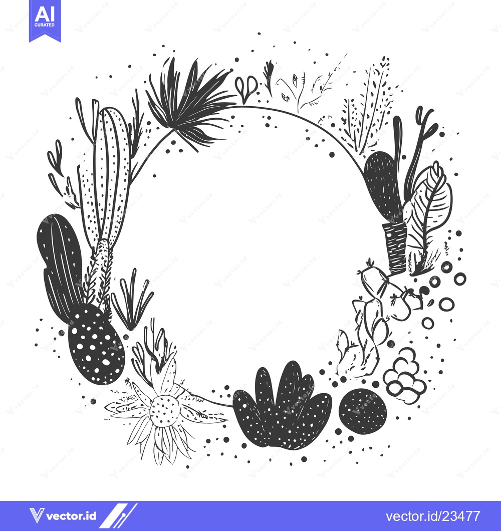 Premium Vector dari Black and White Hand-Drawn Floral Wreath with Cactus and Flower Elemen