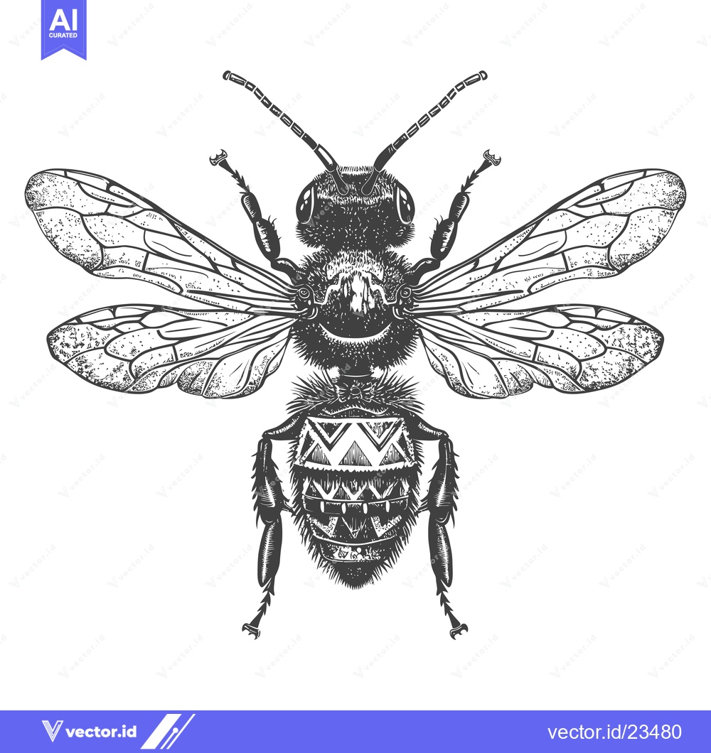 Premium Vector dari Black and White Hand Drawn Illustration of a Bee with Geometric Patter