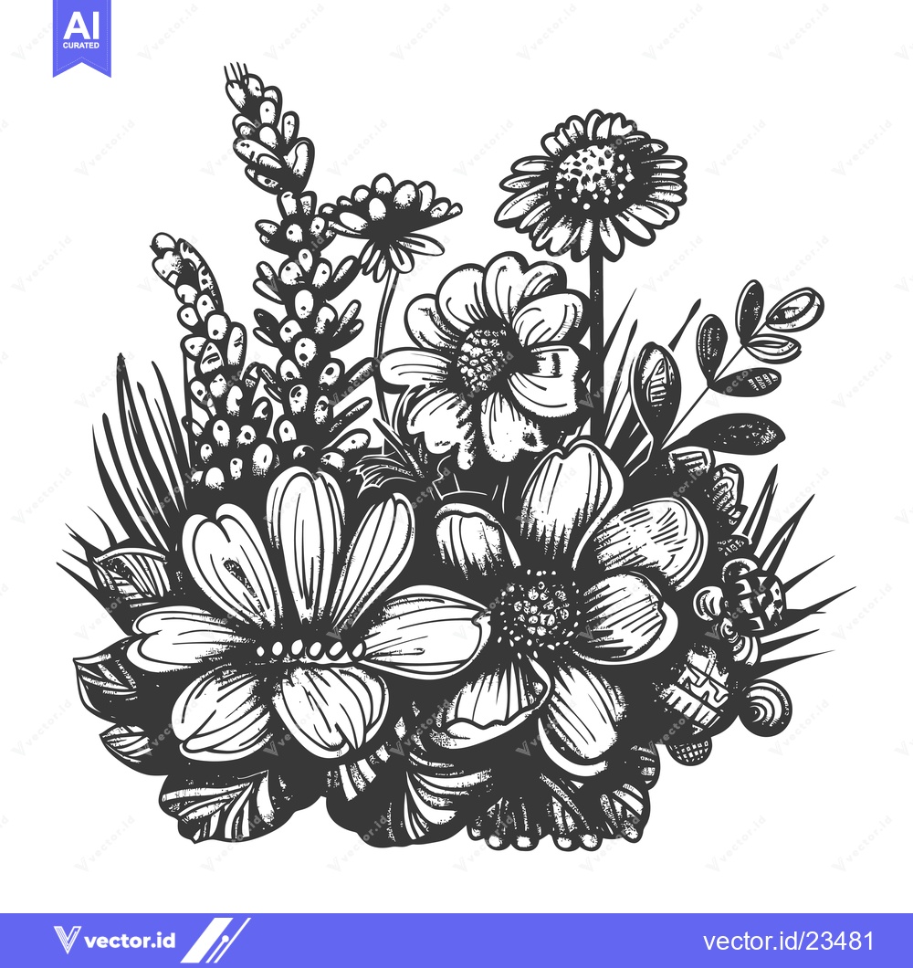 Premium Vector dari Black and White Hand Drawn Illustration of a Bouquet of Flowers