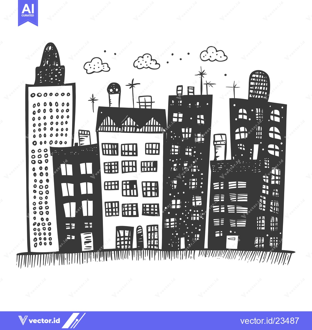 Premium Vector of Black and White Hand-Drawn Illustration of a Cityscape