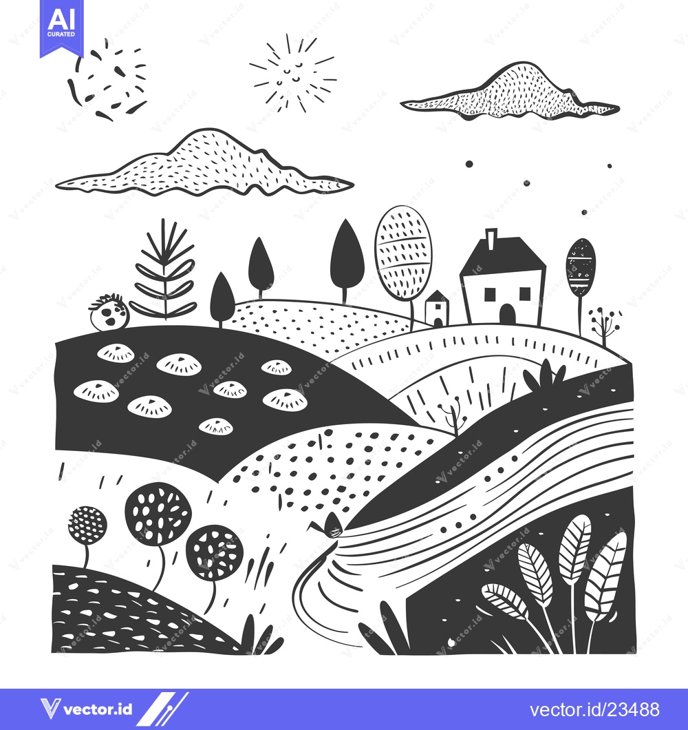 Premium Vector dari Black and White Hand-Drawn Illustration of a Countryside Landscape wit
