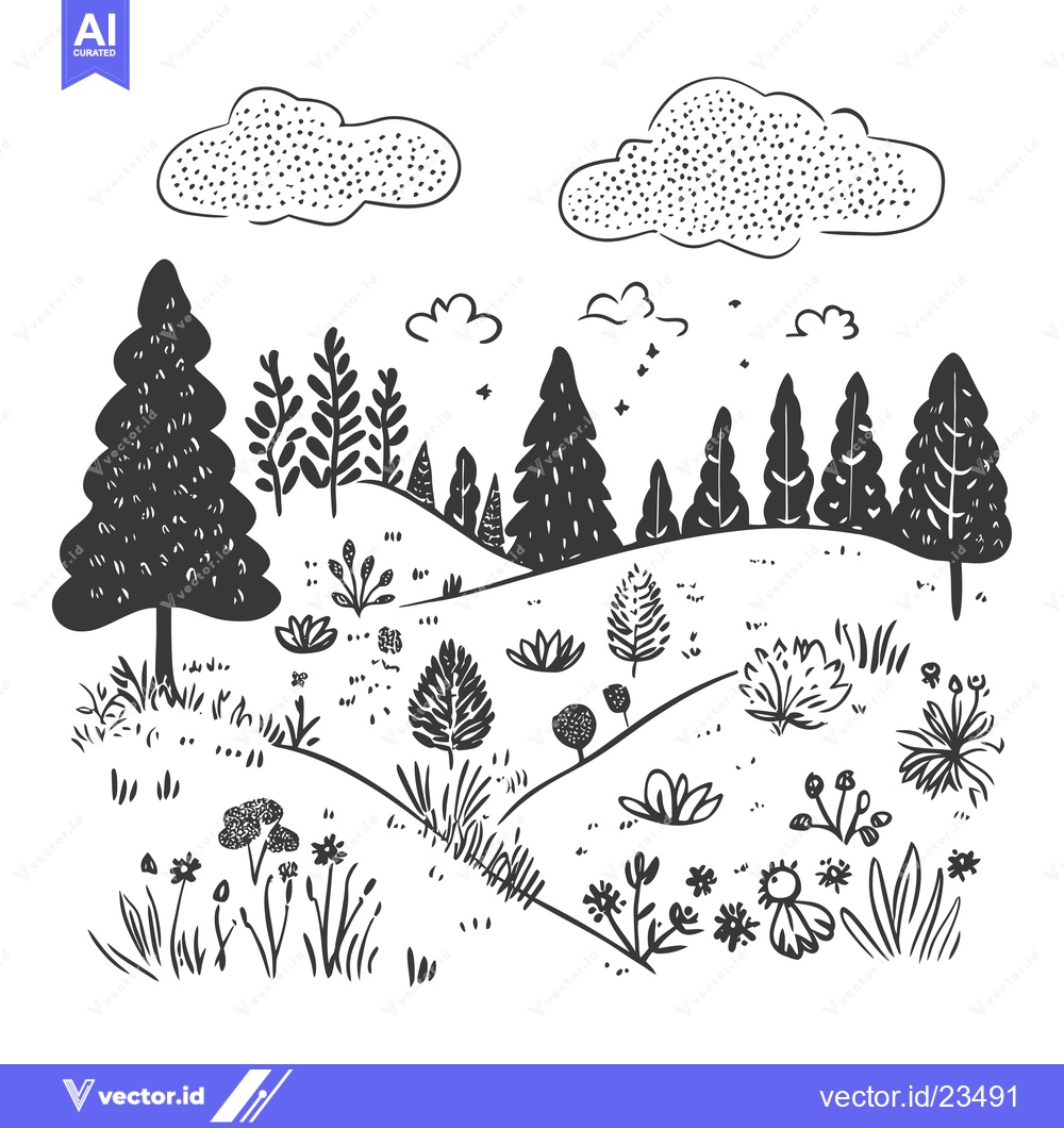 Premium Vector dari Black and White Hand-Drawn Illustration of a Forest Scene with Trees,