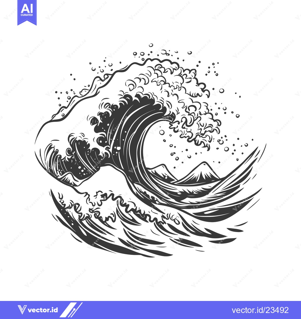 Premium Vector dari Black and White Hand-Drawn Illustration of a Giant Wave Crashing Over