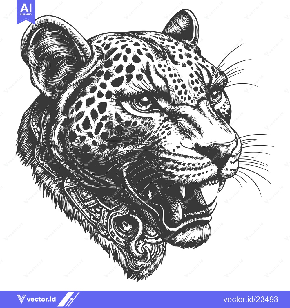 Premium Vector dari Black and White Hand Drawn Illustration of a Growling Leopard