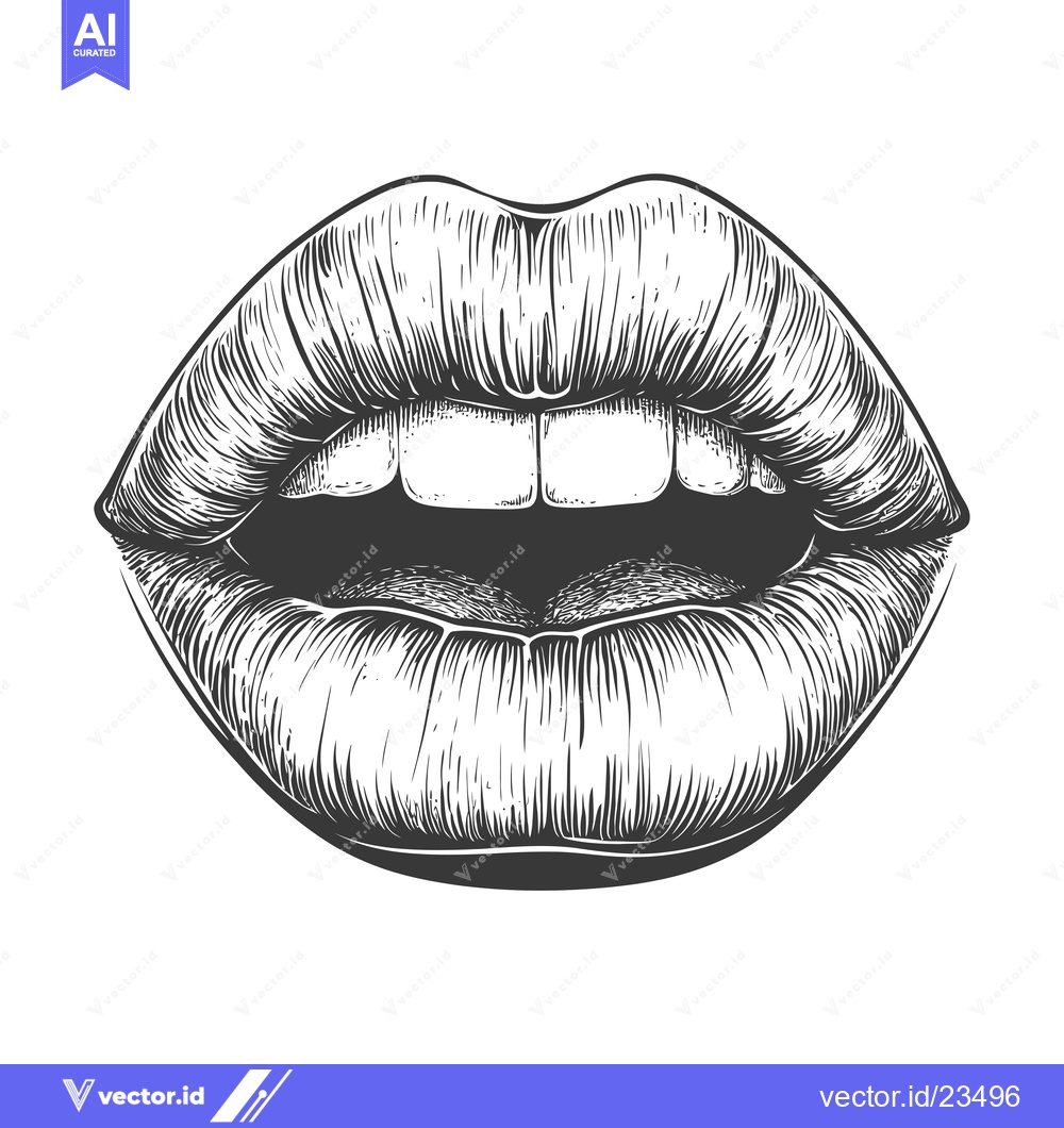 Premium Vector of Black and White Hand-Drawn Illustration of a Mouth with Open Lips and