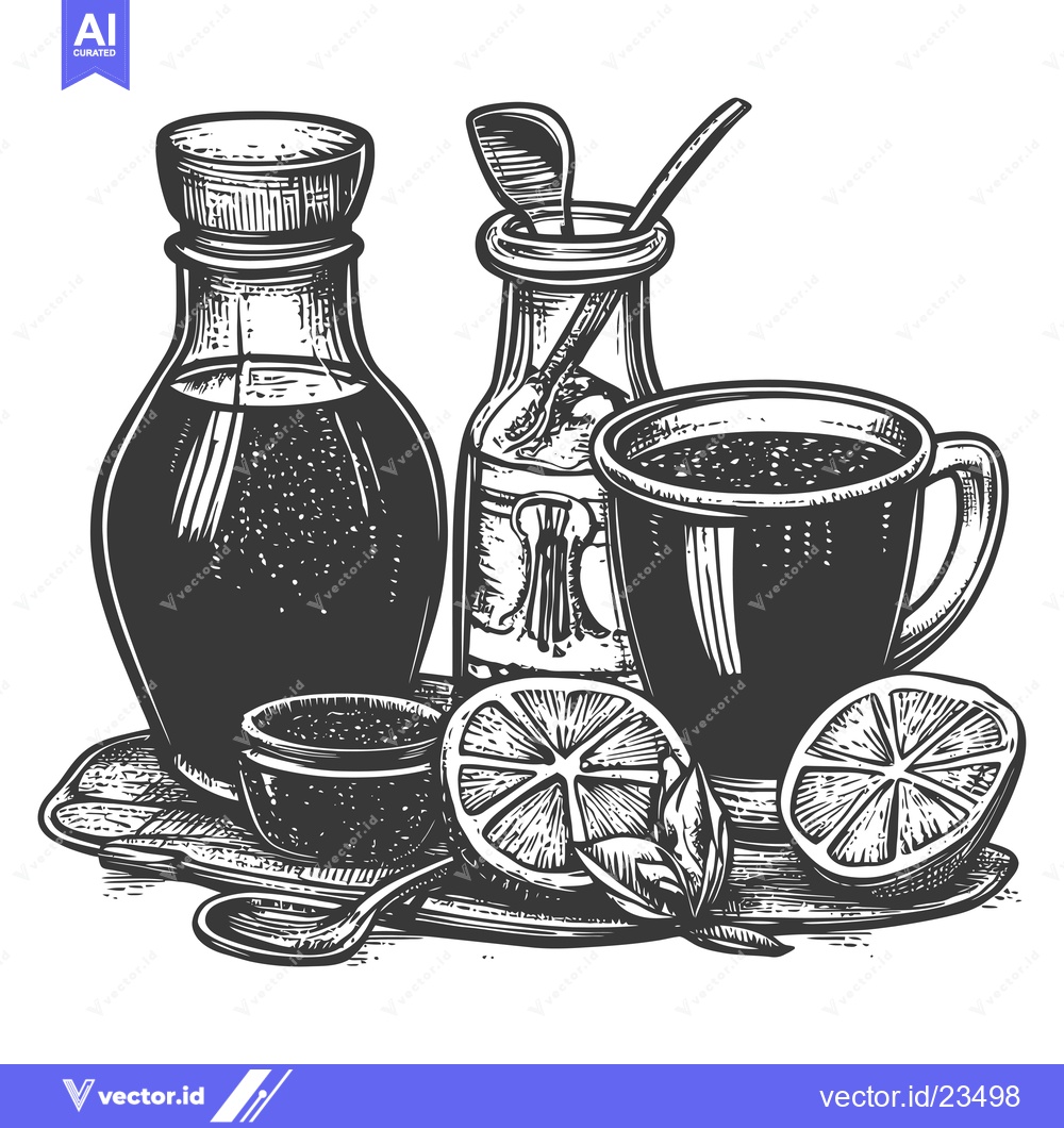 Premium Vector of Black and White Hand-Drawn Illustration of a Mug of Tea with Lemon, Ho
