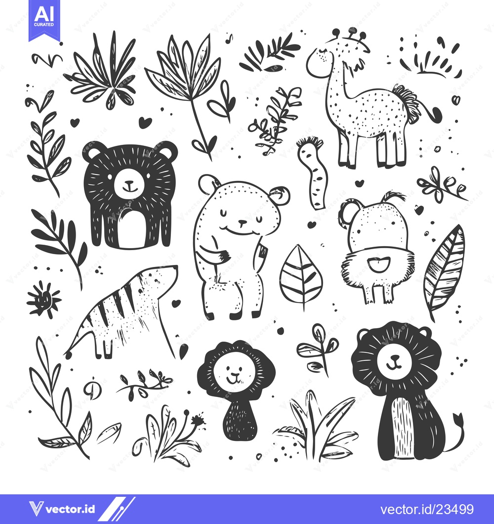 Premium Vector of Black and White Hand-Drawn Illustration of Animals and Plants