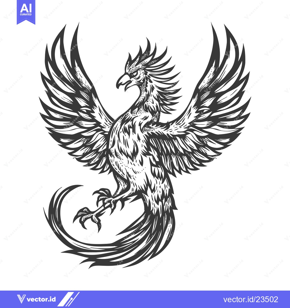 Premium Vector of Black and White Hand Drawn Illustration of a Phoenix Bird with Spread