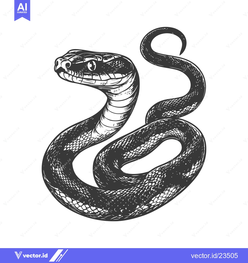 Premium Vector dari Black and White Hand Drawn Illustration of a Snake Coiled with a Curve