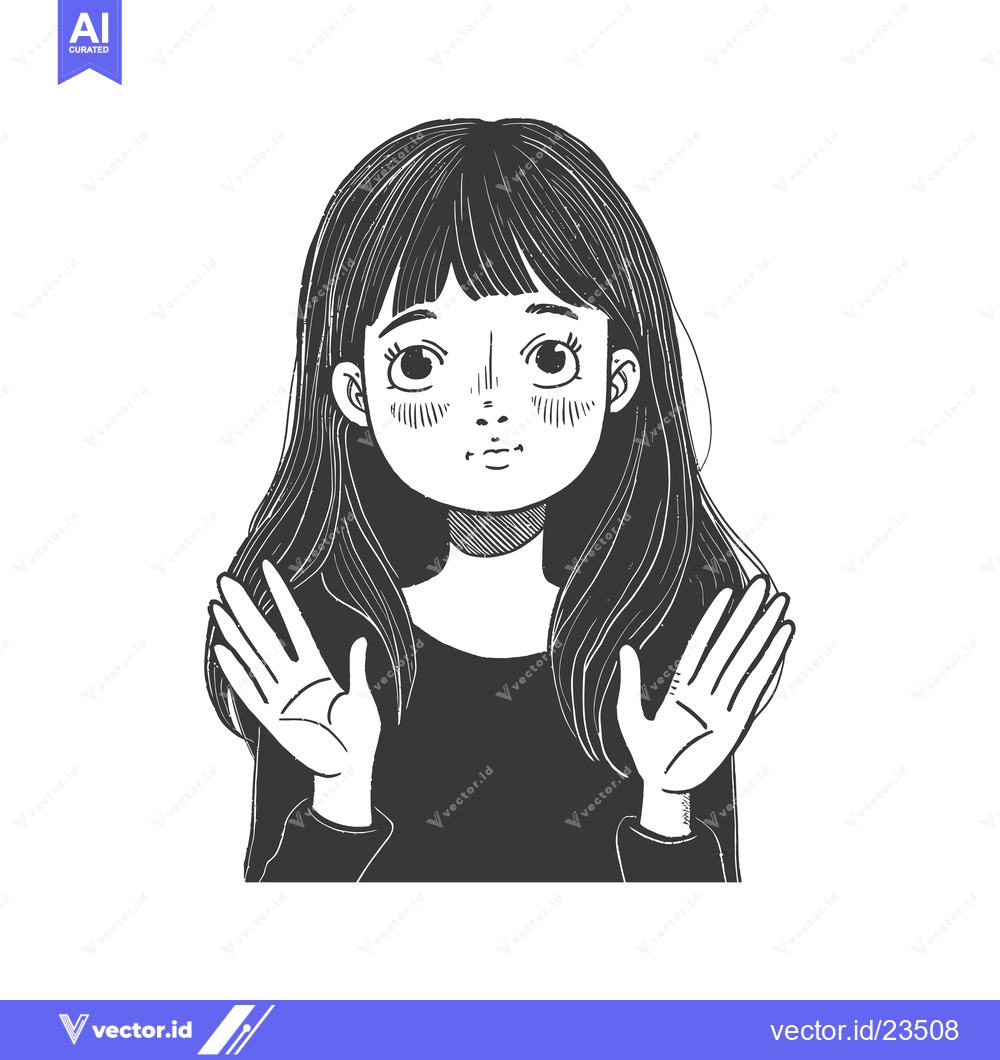 Premium Vector of Black and White Hand-Drawn Illustration of a Surprised Girl