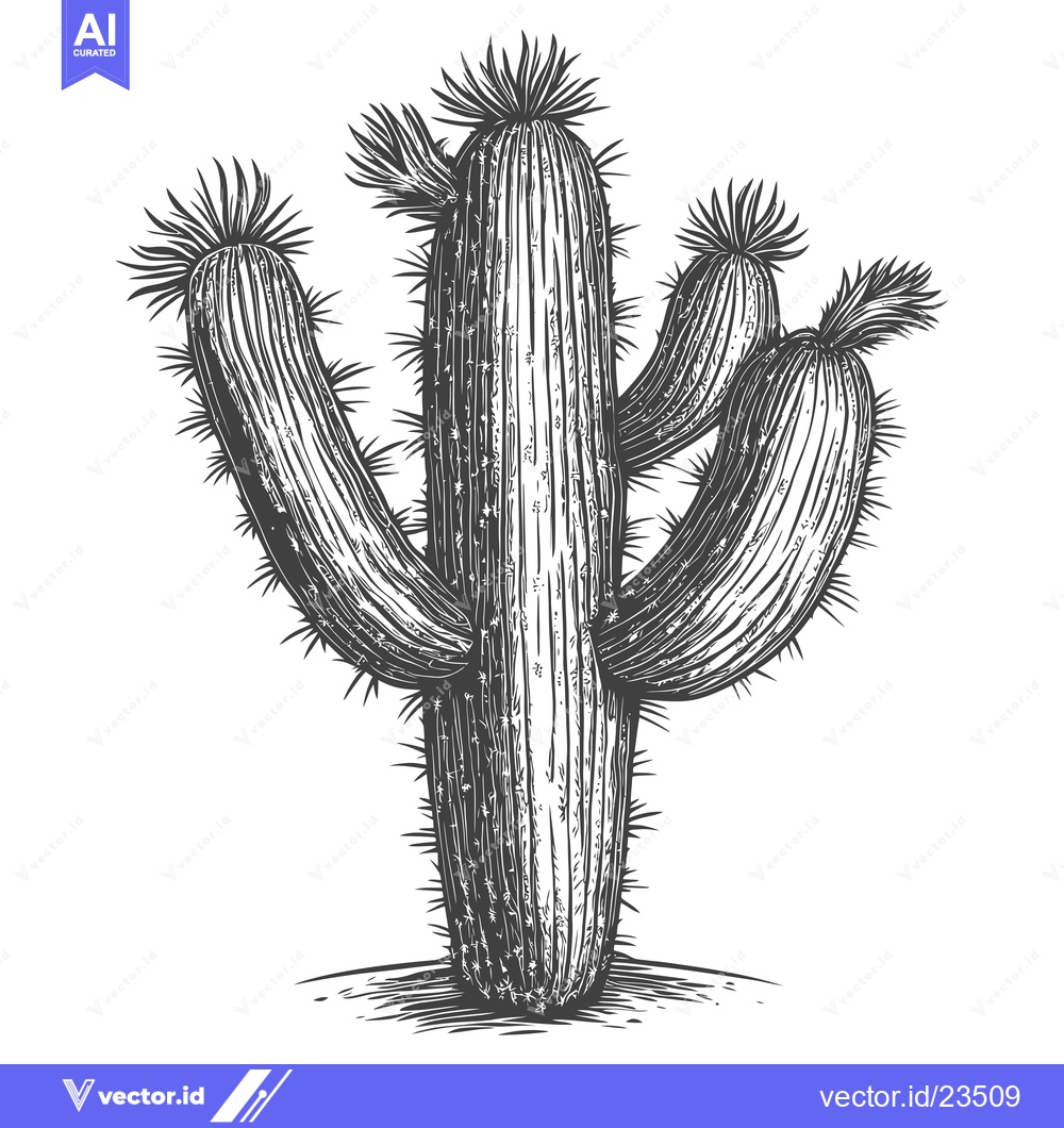 Premium Vector of Black and White Hand Drawn Illustration of a Tall, Spiky Cactus