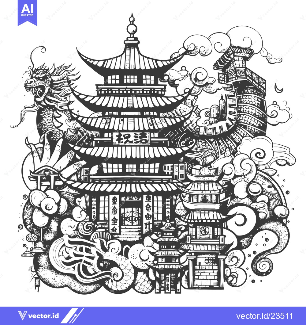 Premium Vector of Black and White Hand-Drawn Illustration of a Traditional Chinese Pagod