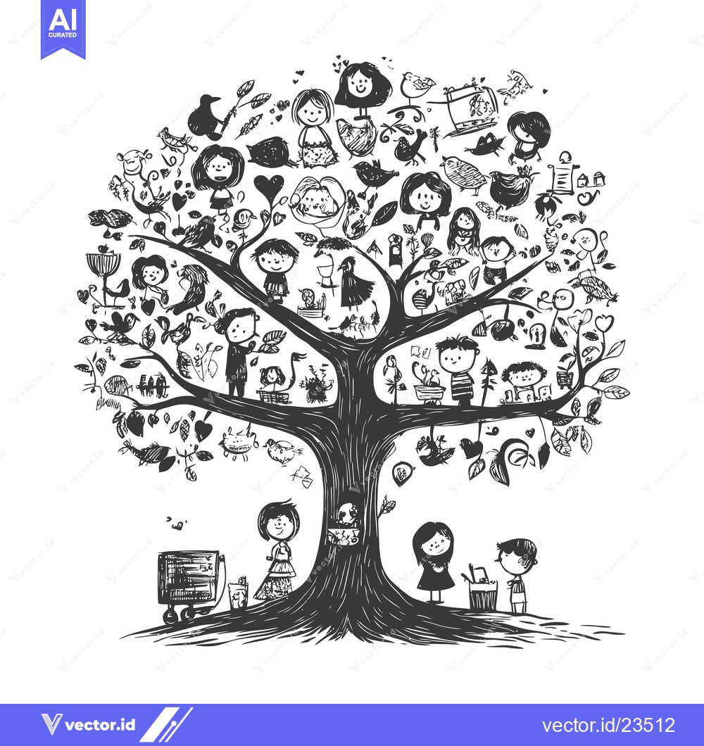 Premium Vector of Black and White Hand-Drawn Illustration of a Tree Filled with Children