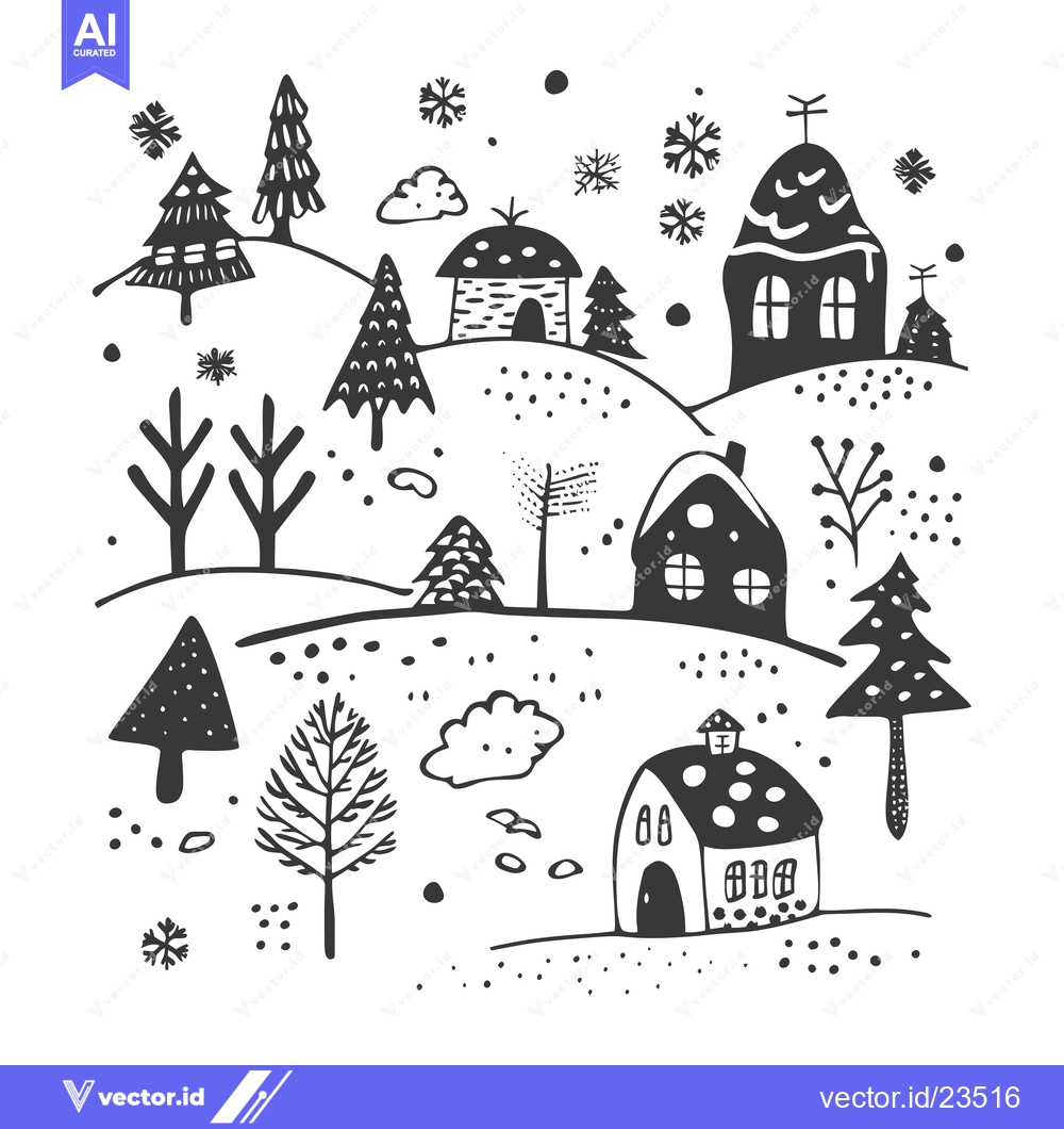 Premium Vector dari Black and White Hand-Drawn Illustration of a Winter Village