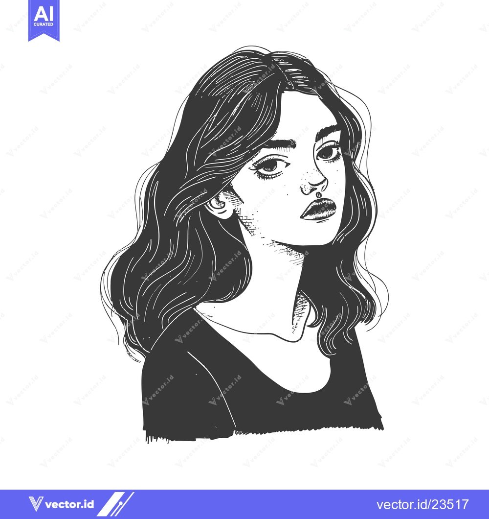 Premium Vector of Black and White Hand-Drawn Illustration of a Woman with Long Wavy Hair