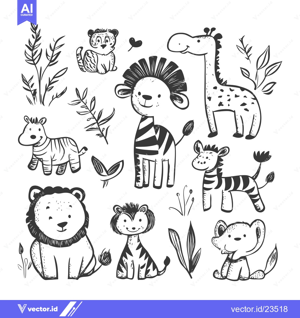 Premium Vector of Black and White Hand-Drawn Illustration of Cute Baby Animals
