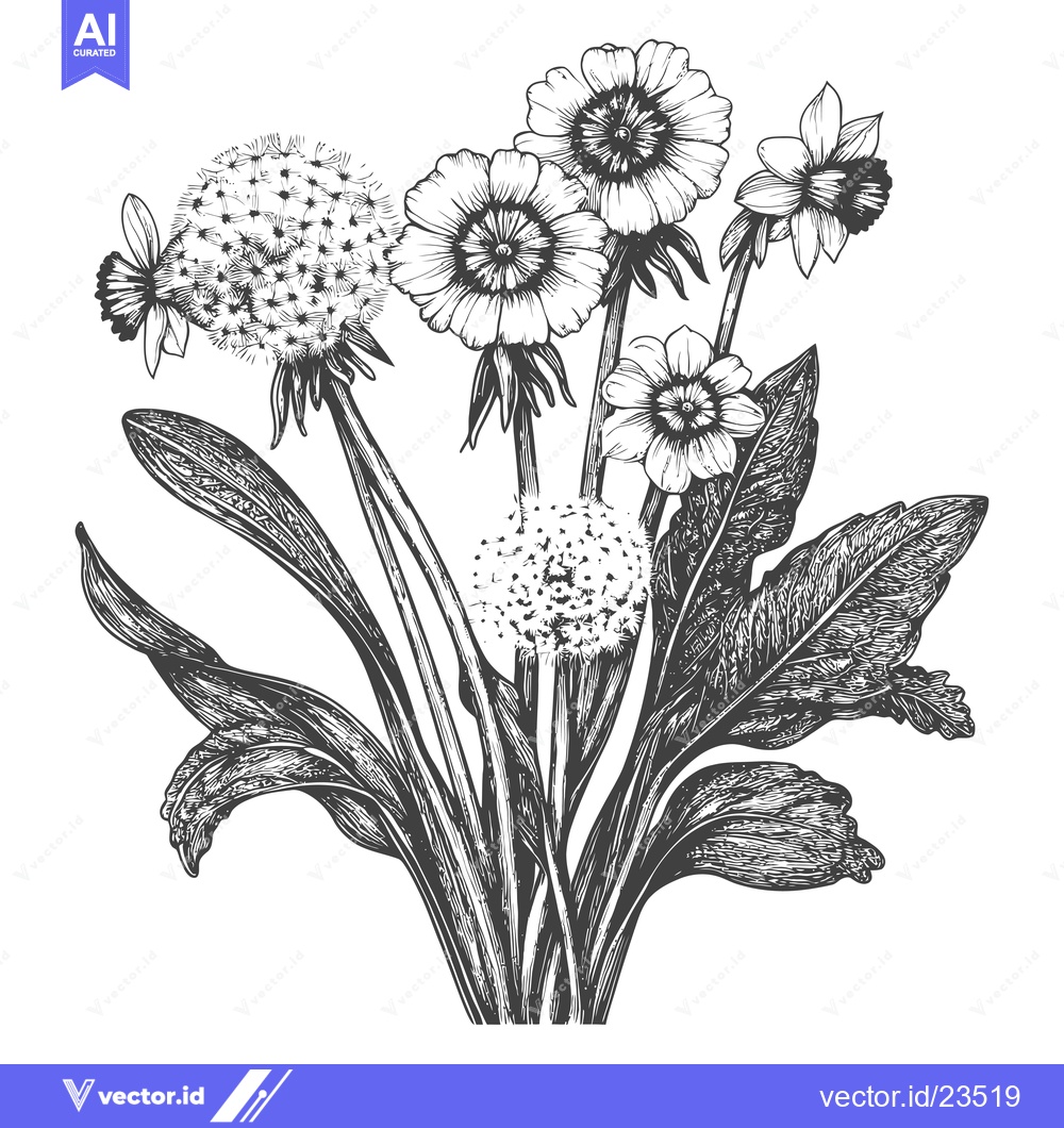 Premium Vector dari Black and White Hand-Drawn Illustration of Dandelions and Flowers