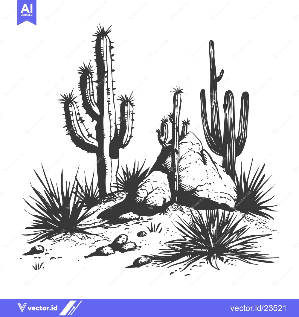 Premium Vector of Black and white hand-drawn illustration of desert cacti and a rock