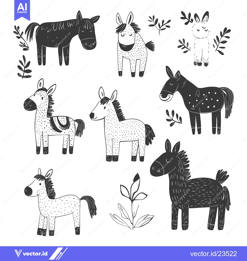 Premium Vector dari Black and White Hand-Drawn Illustration of Horses and Foals