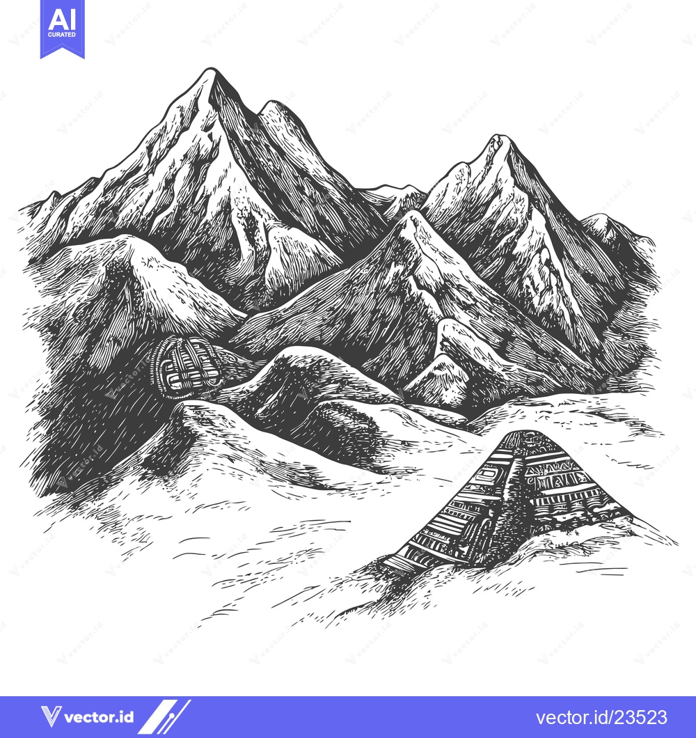 Premium Vector of Black and White Hand-Drawn Illustration of Mountains with a Structure