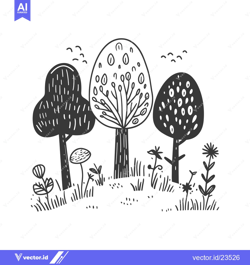 Premium Vector dari Black and White Hand Drawn Illustration of Three Trees in a Grassy Cle
