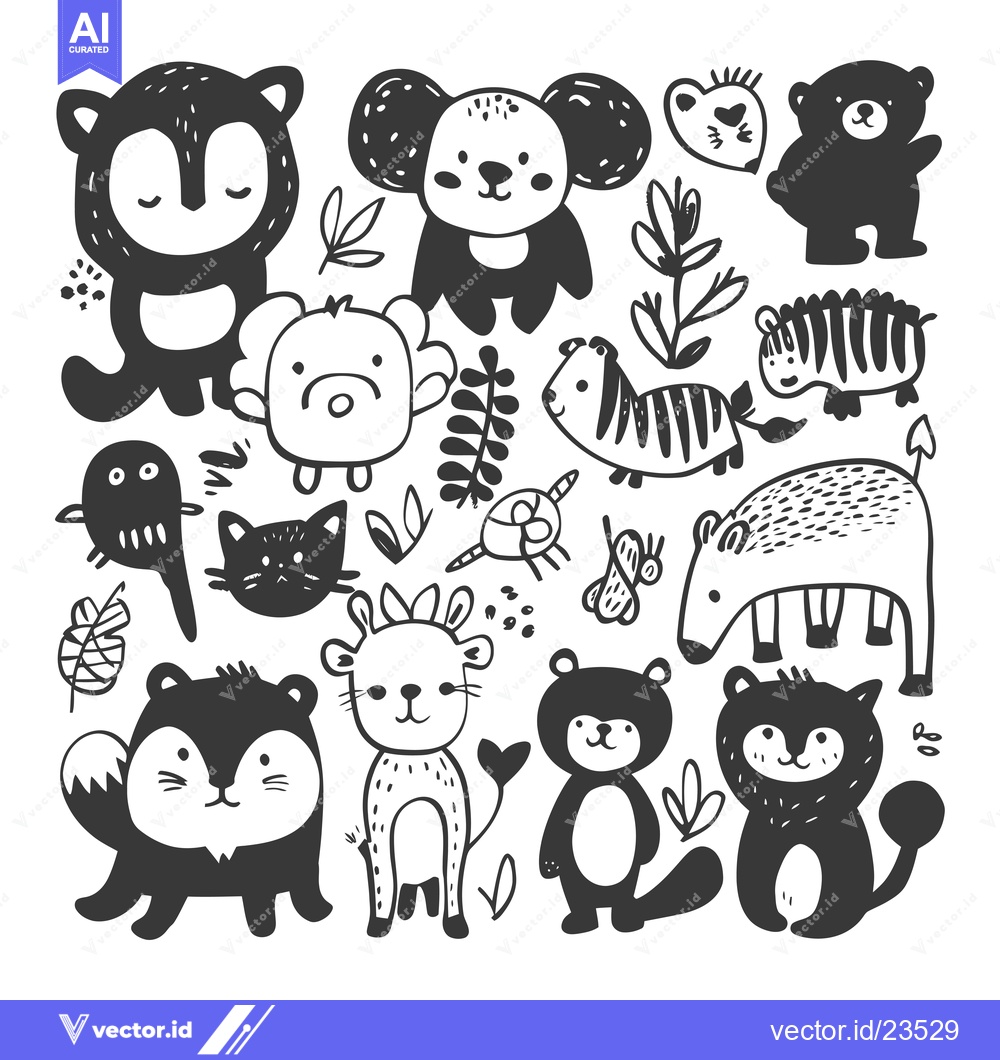 Premium Vector of Black and White Hand-Drawn Illustration of Various Cute Animals