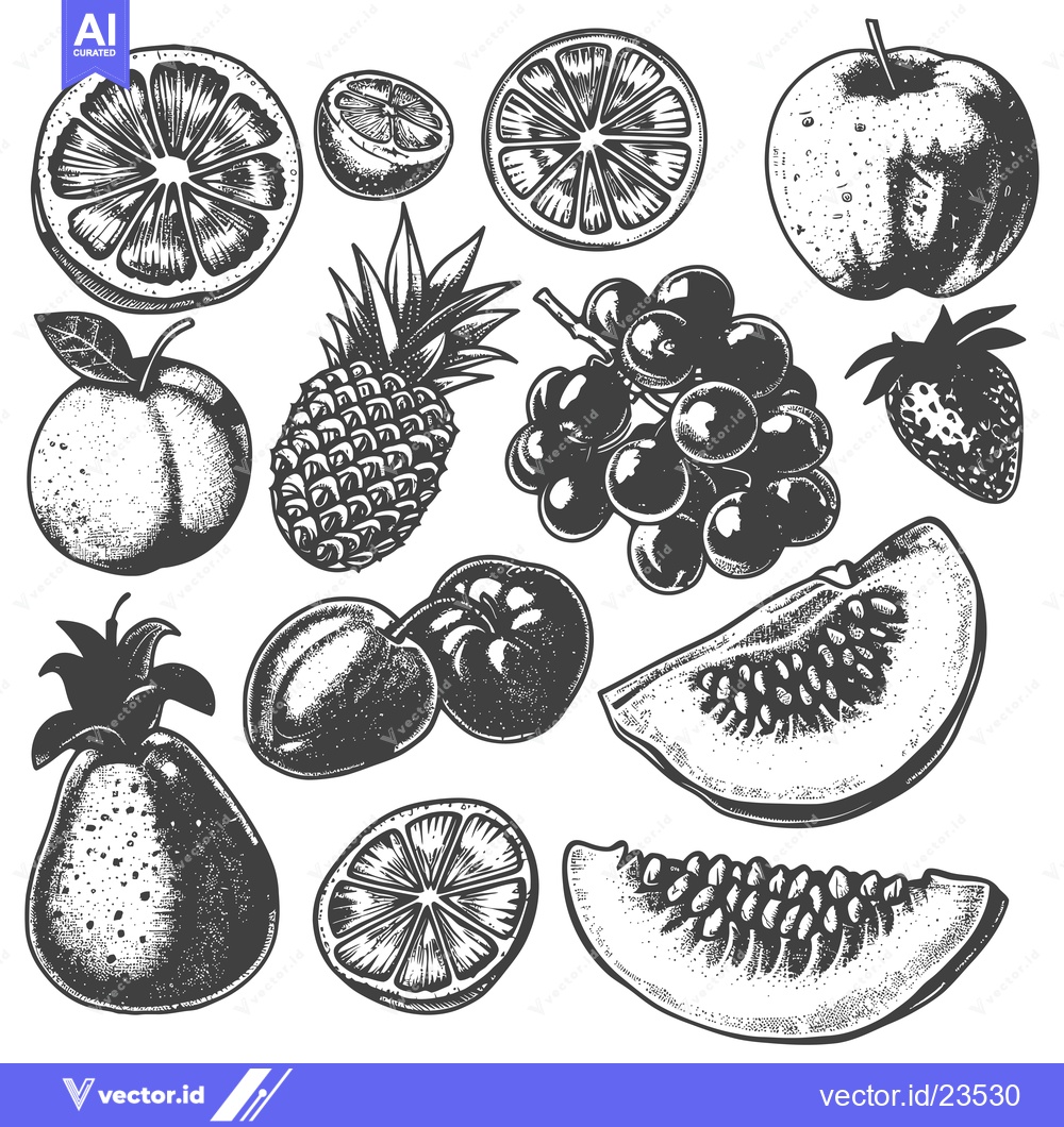 Premium Vector of Black and White Hand Drawn Illustration of Various Fruits