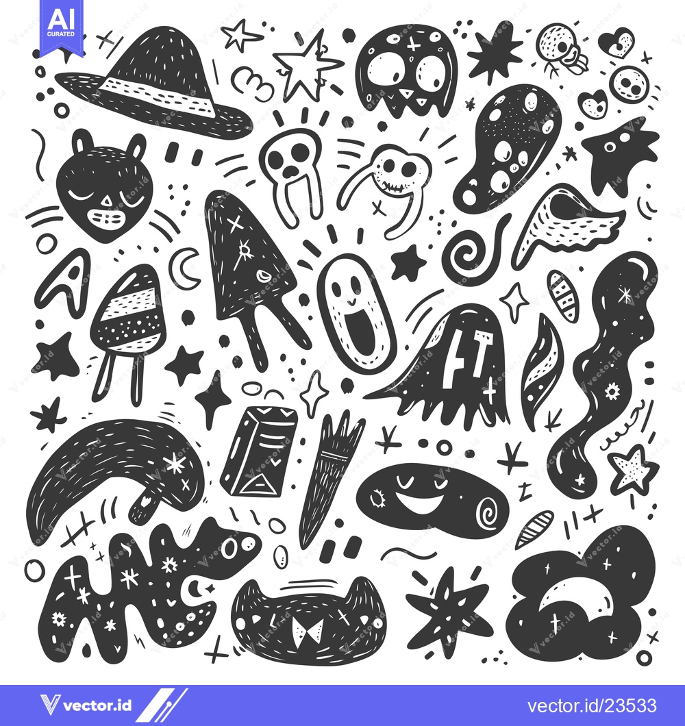 Premium Vector of Black and White Hand-Drawn Illustration of Whimsical Creatures and Obj