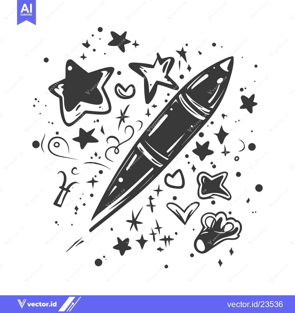Premium Vector dari Black and White Hand-Drawn Rocket Illustration with Stars and Hearts